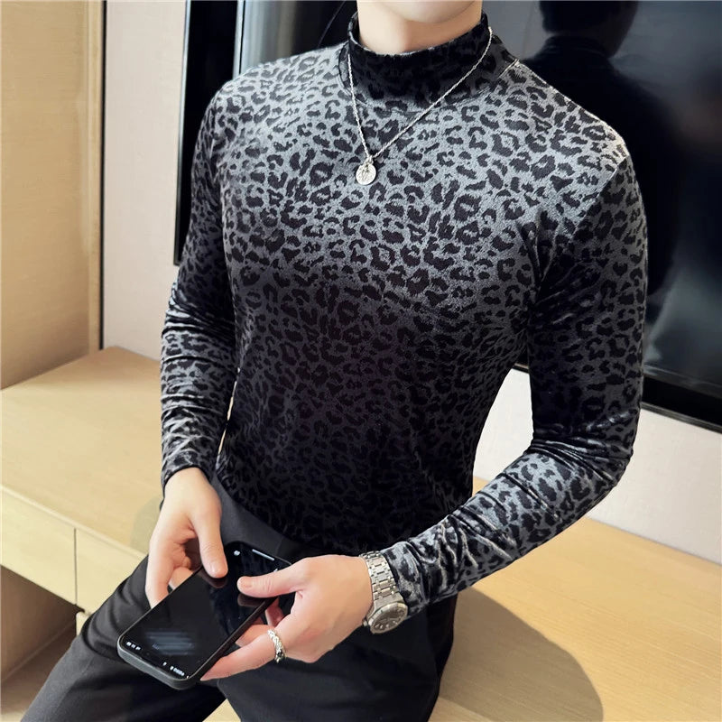 PFHQ Leopard Print Men's Tees Mock Neck Long Sleeve Pleuche Slim Niche Design Casual Clothing Pullover Male T-shirt 2025 21Z9022