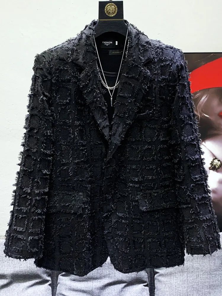 PFHQ Solid Color Long Sleeve Tassels Plaid Causal Blazers For Men Loose Single Button Men's Coat 2023 Summer New Tide 21F3442