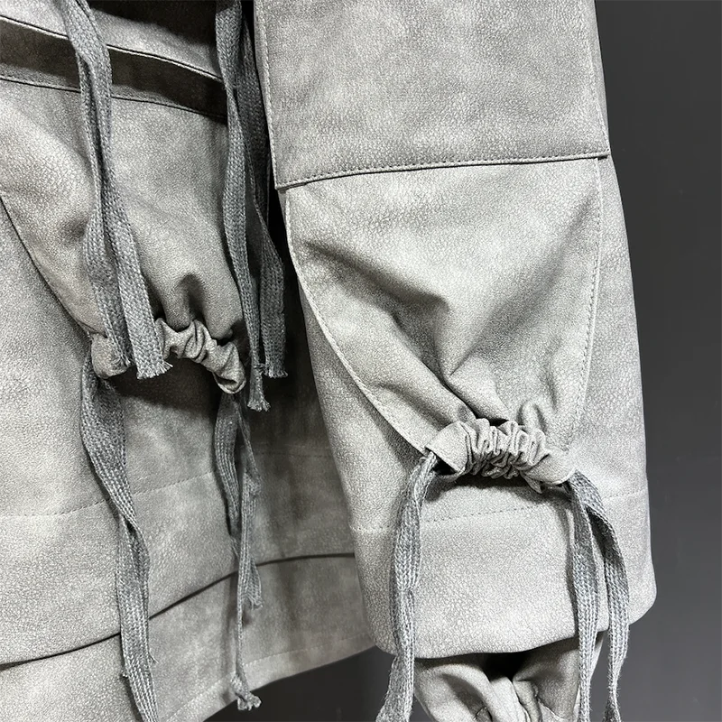 PFHQ Men's Loose American Motorcycle Zippers Jackets Handsome PU String Design Personality Stand Collar Tide Coat Autumn 21Z4257