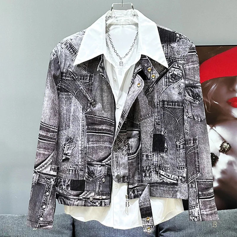 PFHQ Men's Coat Tide Spliced Denim Button Zipper Design Popular Contrast Color Male Short Personality Jackets Summer New 21Z4502