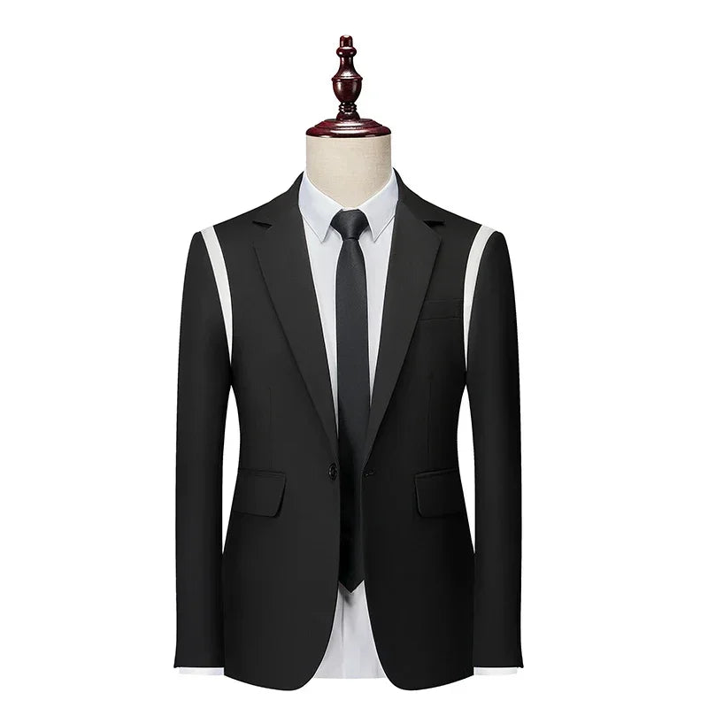 Black/Green Splicing Suit Jacket Men's, Single-button V-neck Slim Dress Coat, Korean Style Young Boys Blazers Red Gray Blue