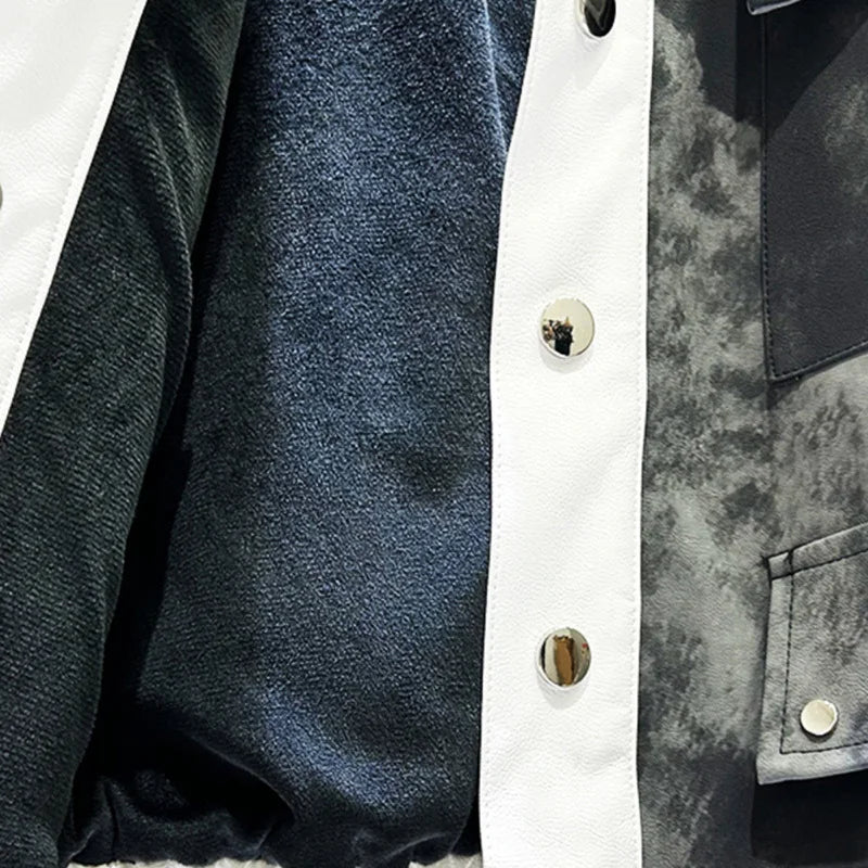 PFHQ Winter New Trendy Brand Short PU Jacket Men's Personalized Design Splicing Color Contrast Warm Short Leather Jacket