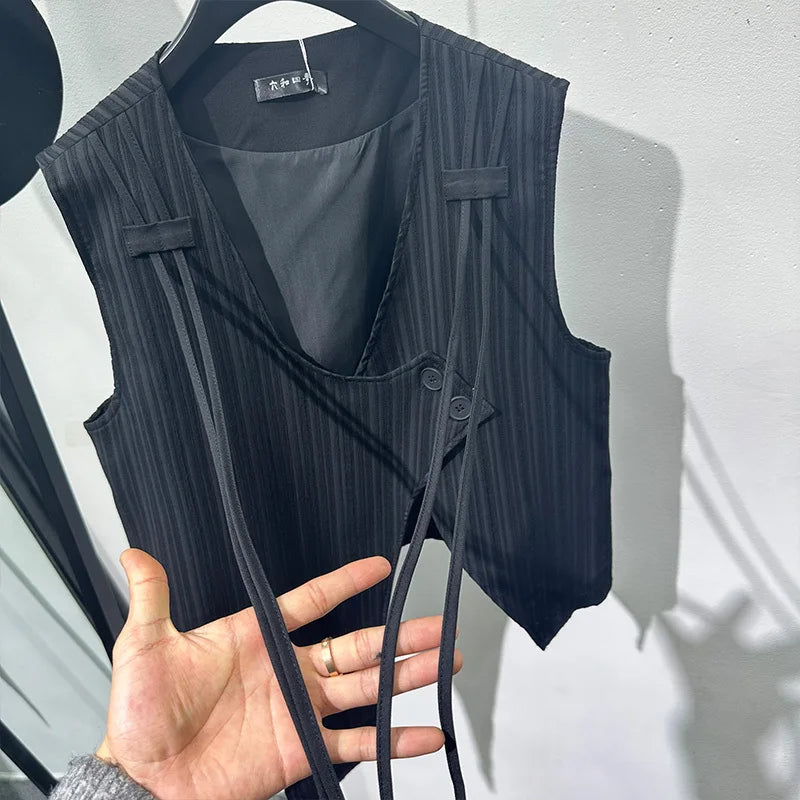 PFHQ Personality Design Irregular Waistcoat Men's Popular Niche Stripes Ribbon Handsome Creativity Outdoor Vest Summer 21Z4390