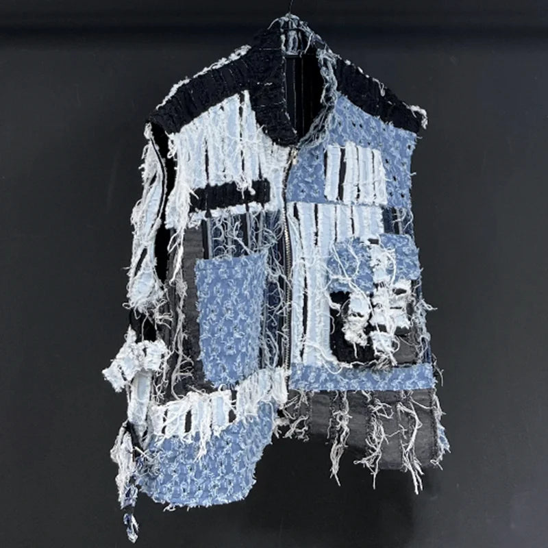 PFHQ Summer Men's Worn Out Denim Vest High Quality Patchwork Techwear Creativity Contrast Color Motorcycle New Waistcoat 21Z1136