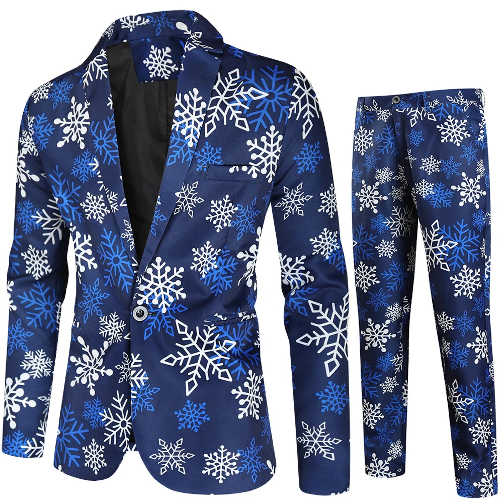 Men Jacket Pants Suit  Business Casual Cartoon Santa Snowflake Print Blazers Set Men New Year Party Coat Long Trousers Sets