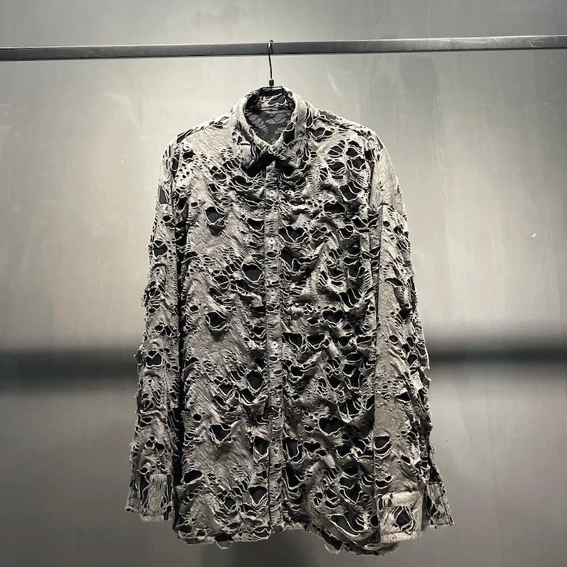 PFHQ 2023 Trendy Elegant Broken Hole Vintage Design Men's Shirts Long Sleeve High Quality Male Spring Stylish Street Jackets New