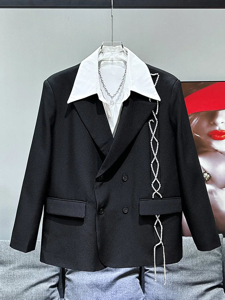 PFHQ Men's Hot Diamond Blazers Chain Decoration Loose Niche Streetwear Temperament Double Breasted Suit Jackets Summer 21Z4519