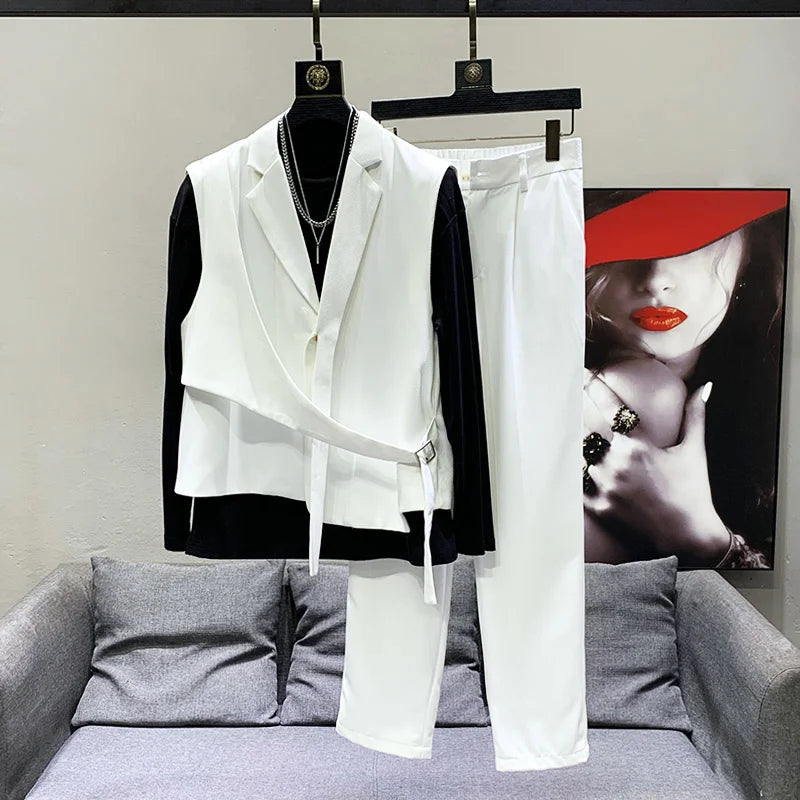 PFHQ 2023 Summer New Fashion Suits For Men's Solid Color Asymmetrical Sleeveless Drawstring Vests Straight Pant Men Tide 21F3413
