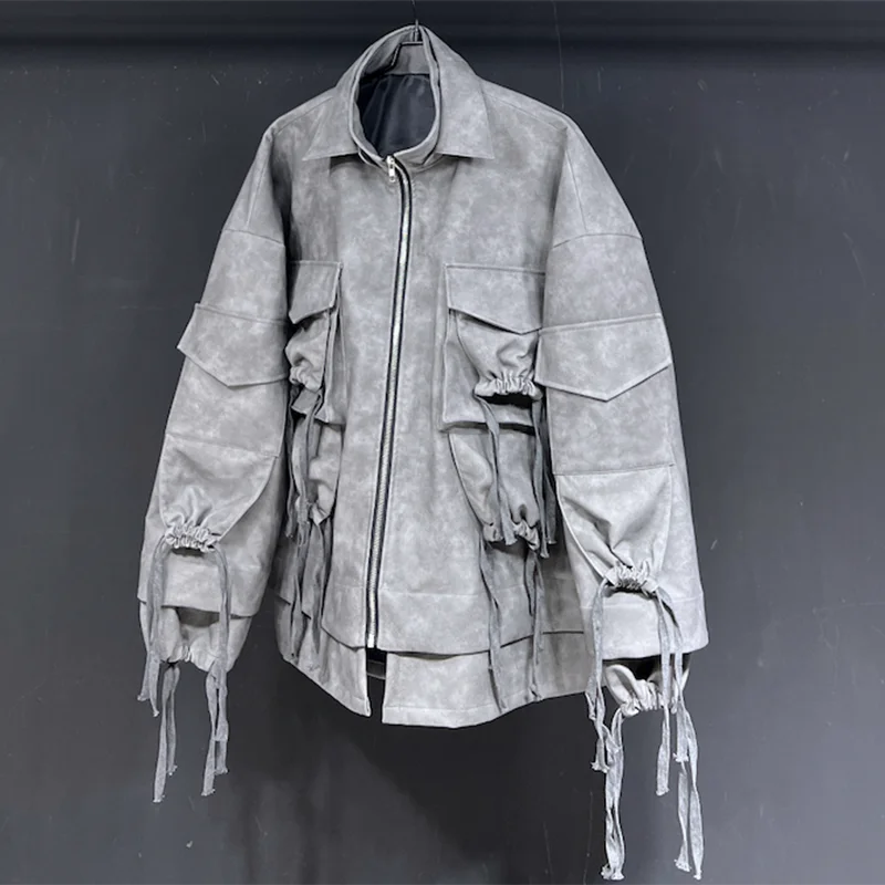 PFHQ Men's Loose American Motorcycle Zippers Jackets Handsome PU String Design Personality Stand Collar Tide Coat Autumn 21Z4257