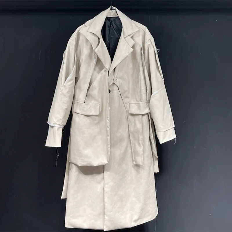 PFHQ Windbreaker Haute Quality Patchwork Male Autumn Long Over Knee Loose Trendy PU Leather Worn Out Men's Trench Coat 21Z4288