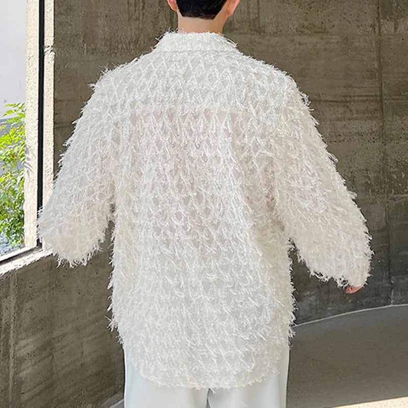 PFHQ Men's Korean Style Long Sleeved Shirts Handmade Three-dimensional Feather Creativity Solid Color Mesh Tops Summer 21Z4224