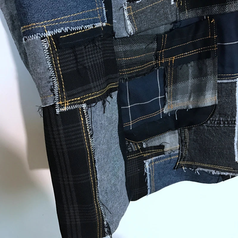 PFHQ Autumn Men's Denim Plaid Raw Edge Stitching Blazers Patchwork Design Cool Motorcycle Creativity Casual Button Coat 21Z1406