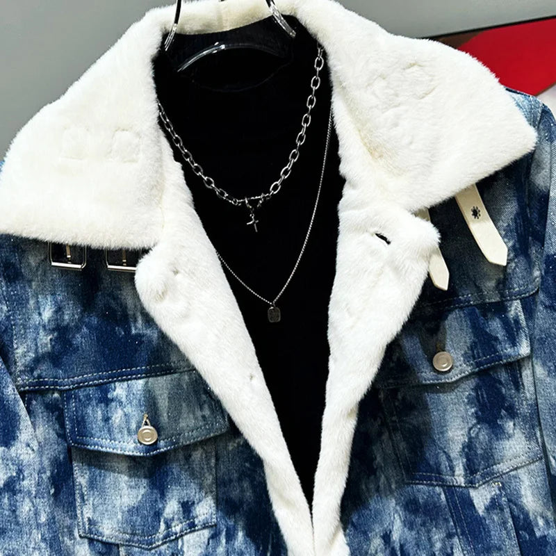 PFHQ Plush Design Men's Denim Fur Parka Jacket Sequin 2024 Patchwork Contrast Color Long Sleeve Male Tops Streetwear  21Z7713