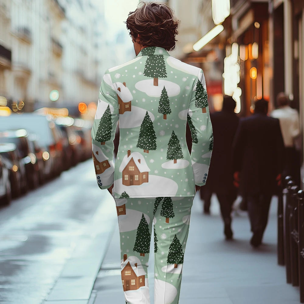 Men's and women's slim fit nightclub style suits Christmas snow picture doodle digital printed jackets and men's long pants sets