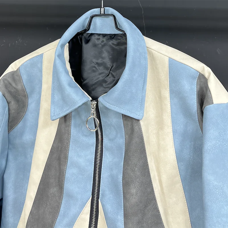 PFHQ PU Contrast Color Male Jackets Turn-down Collar Niche Design Silhouette Spring Men's Zippers Heavy Industry Coat 21Z4258