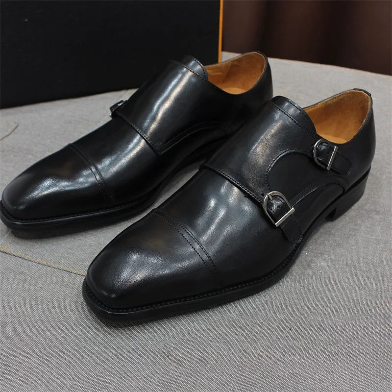 Luxury Handmade Genuine Leather Men's Shoes Formal Classic Double Buckle Monk Shoes Pointed Toe Business Dress Wedding Men Shoes