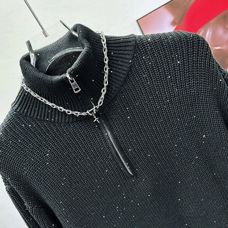 PFHQ Half High Collar Design Sequin Sweater For Men's Spring Fashion Loose Casual Solid Color Comfortable Knitted Tops 21Z4173