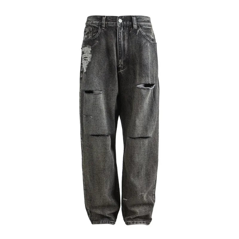 PFHQ Hole Design Men Cotton Jeans Vintage 2024 Solid Color Pocket Pants High Street Male Trousers Autumn Winter 21Z6917