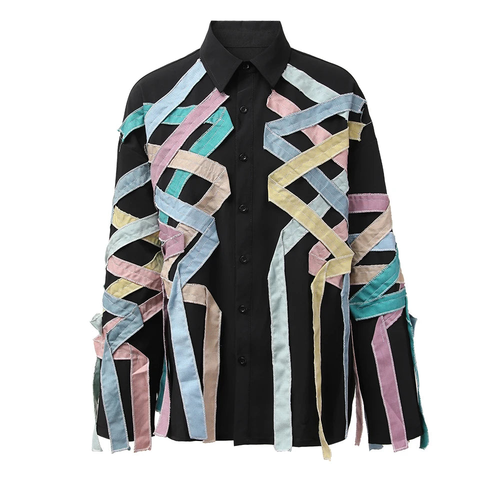 PFHQ Autumn Men's Loose Patchwork Colorful Creativity Shirts Chic Single Breasted Outdoor Personality Light Luxury Tops 21Z2004