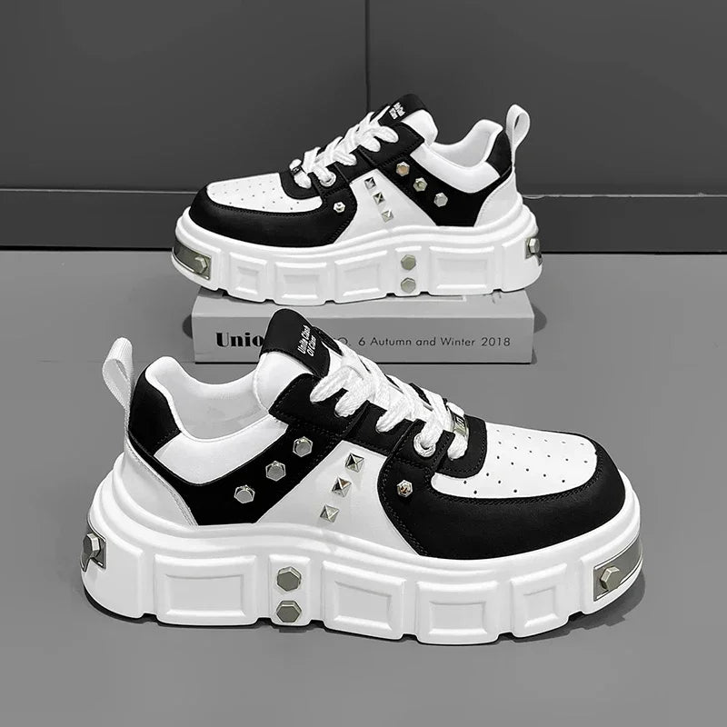 High/Low Top Sneaker Men Designer Rivet White Board Shoes Fashion Casual Leather Breathable Height Increased Flat Platform Shoes