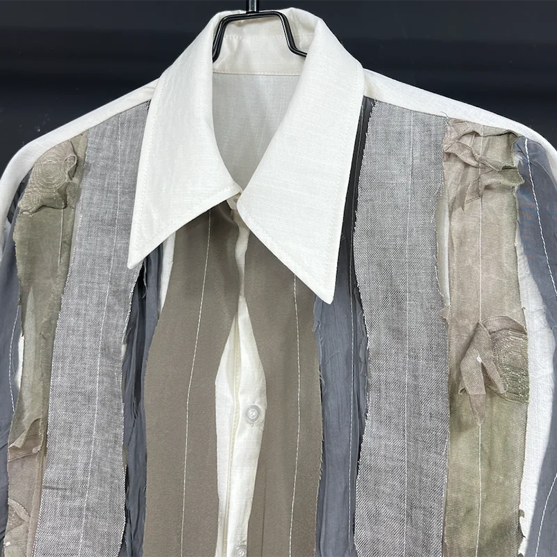 PFHQ Men's Linen Shirts Fashion Summer Twisted Splicing Design Long Sleeved Sun Protection Coat Vintage Creativity Tops 21Z4574