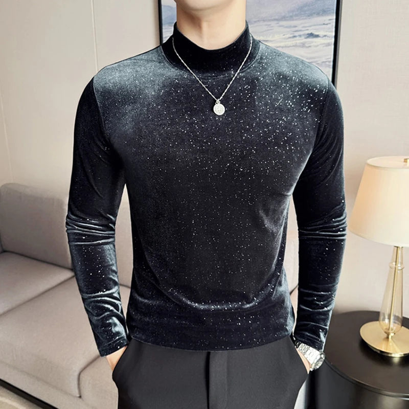 PFHQ Fashionable Starry Sky Long Sleeved T-shirts Mock Neck Pleuche Solid Color Male Tops Slim Casual Menswear Clothing 21Z9021