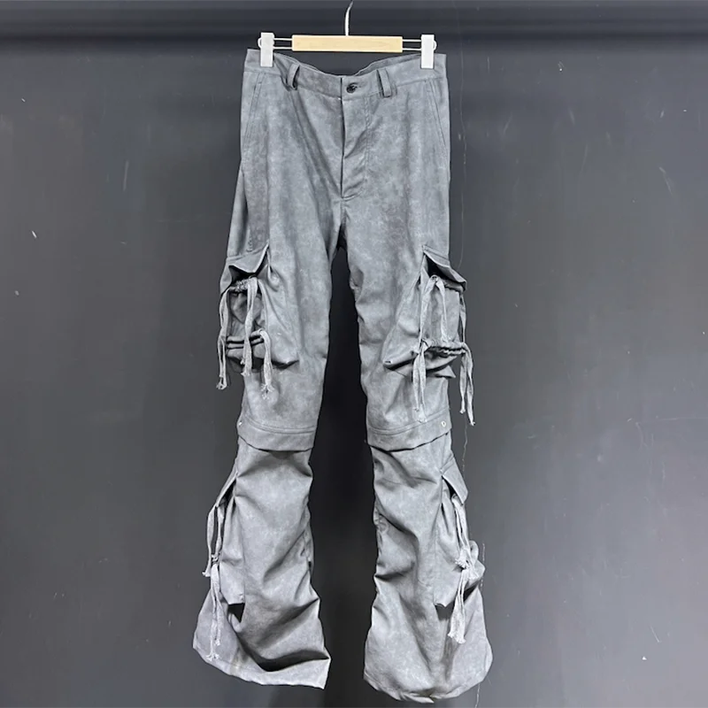 PFHQ Men's PU Washed Cargo Pants Streetwear Multi Pockets Avant-garde Pioneer Techwear Abstraction Autumn Tide Trousers 21Z3141