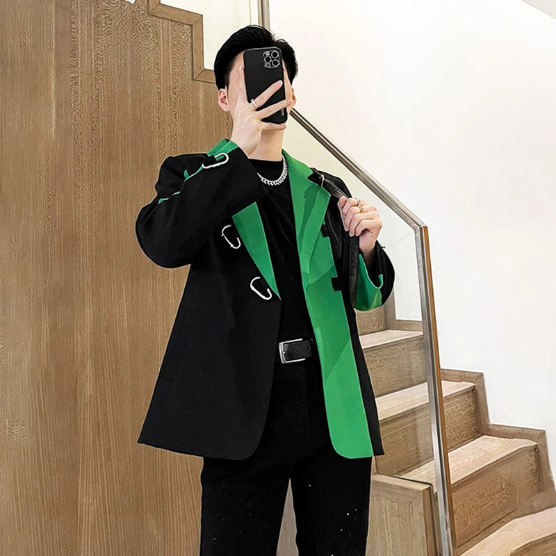 PFHQ Stylish 2023 New Color Contrast Patchwork Design Men's Casual Blazer Coat High Quality Elegant Luxury Trendy Suit Jackets