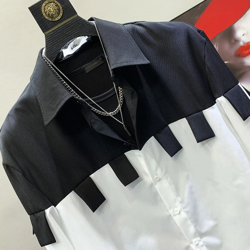 PFHQ Niche Design Color Contrast Patchwork Tassel Ribbon Men's Original Shirt Long Sleeve Elegant Trendy 2023 Spring New Tops