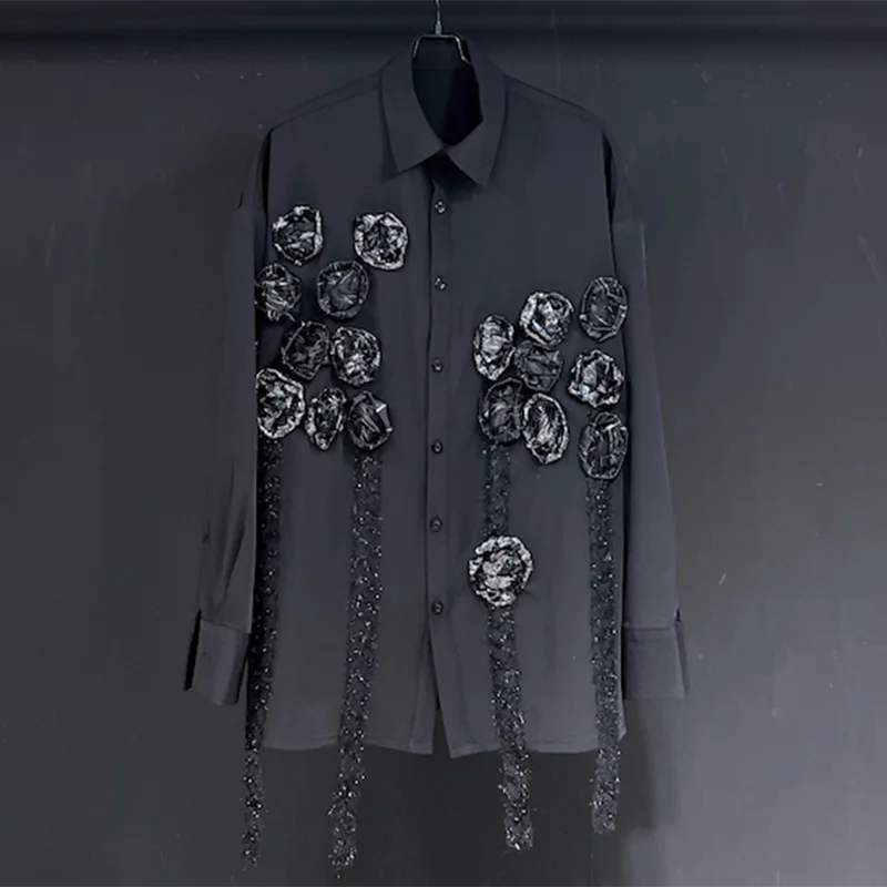 PFHQ Men's Handmade Flowers Shirts Summer Single Breasted Handsome Temperament Advanced Male Lapel Tops Niche Design New 21Z4537