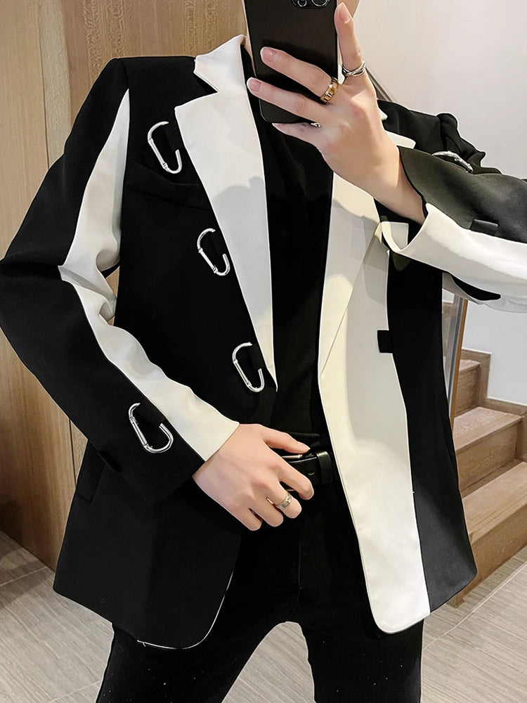 PFHQ Stylish 2023 New Color Contrast Patchwork Design Men's Casual Blazer Coat High Quality Elegant Luxury Trendy Suit Jackets