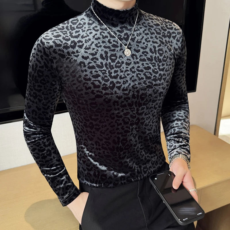 PFHQ Leopard Print Men's Tees Mock Neck Long Sleeve Pleuche Slim Niche Design Casual Clothing Pullover Male T-shirt 2025 21Z9022