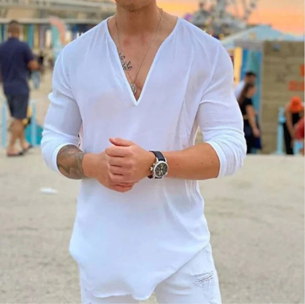 New men's Casual Shirt Trend Fashion V-Neck Loose Street Style Solid Color Long-Sleeved Pullover Spring And Autumn Tops