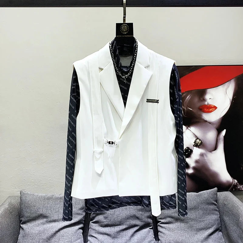 PFHQ 2023 Summer New Fashion Casual Men's 2 Pcs Set Solid V-neck Sleeveless Blazer Vests Straight Pants Sets Men Tide 21F3959