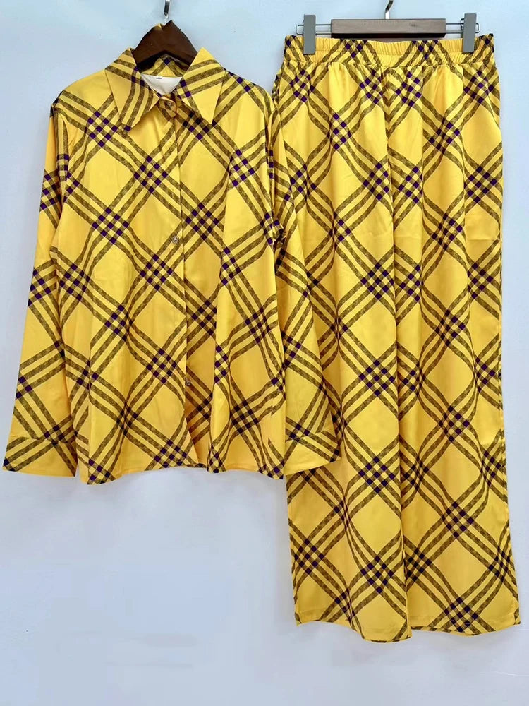 Retro designer printed long-sleeved shirt 2024 autumn women's new two-piece suit+elastic waist wide-leg trousers fashion suit