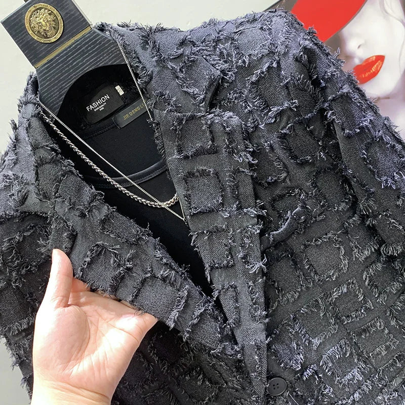 PFHQ Solid Color Long Sleeve Tassels Plaid Causal Blazers For Men Loose Single Button Men's Coat 2023 Summer New Tide 21F3442