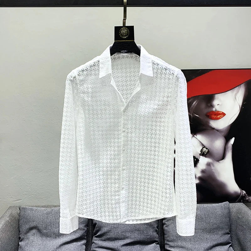 PFHQ 2023 Spring Trendy Elegant Mesh Cut-out Shirt Men's Slim Fit Long Sleeve Tops Design Clothes Fashion Original High Quality