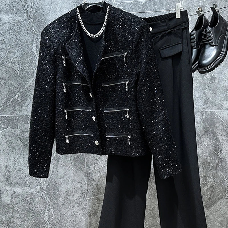 PFHQ Short Jacket Sequins Multiple Zippers Design Fashion Trendy Long Sleeve Darkwear 2024 Male Tops Korea Casual 21Z5591