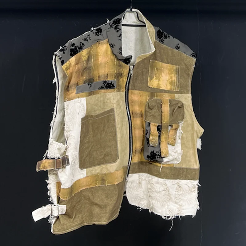 PFHQ Patchwork Plaid Tie Dye Decoration Male Vest Fashion Zippers Short Tactical Vintage Outdoor Camping Men's Waistcoat 21Z4831