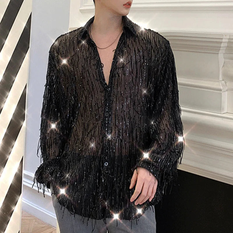 PFHQ Irregular Beaded Tassel Shirts Men's Nightclub Sequin Light Luxury Sexy Handsome Personality Male Tops Summer New 21Z4206