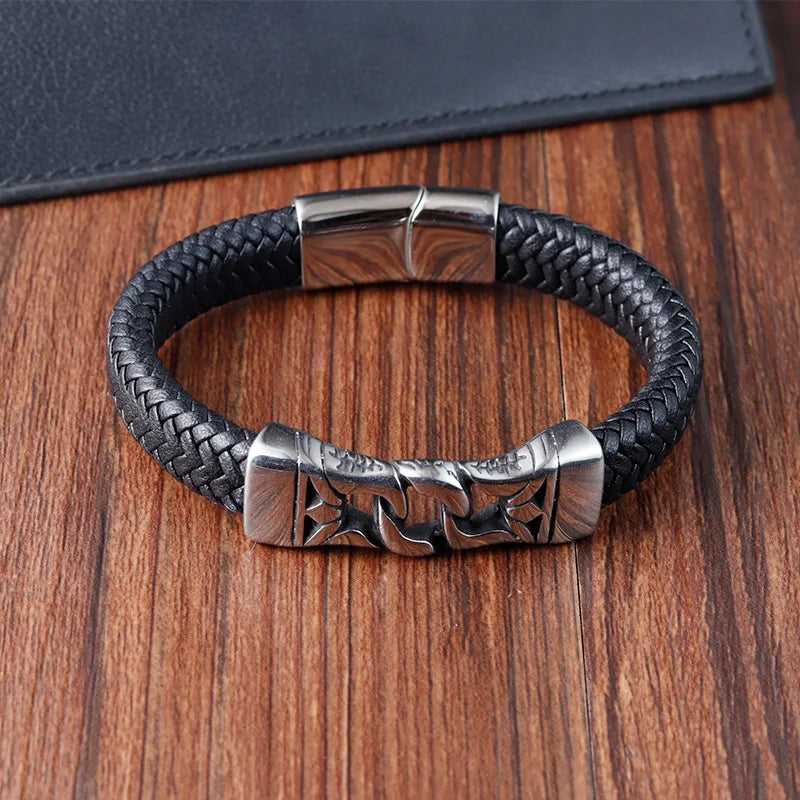 Vintage Genuine Leather Rope Bangle Man'S Stainless-Steel Silver Bracelet Luxury Men'S Accessories Wholesale