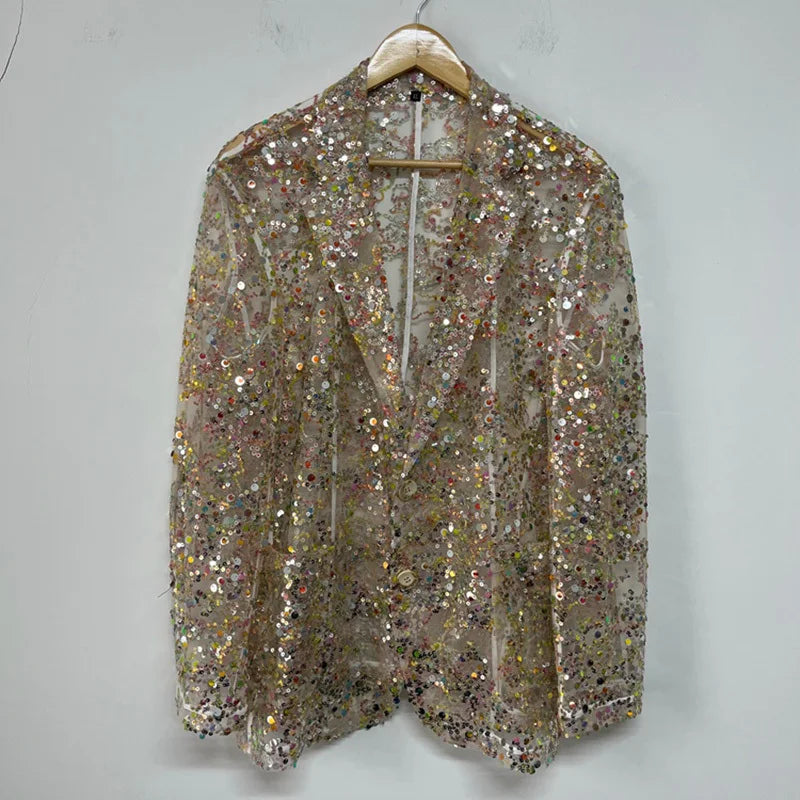 PFHQ Colorful Sequin Embroidery Male Blazers Perspective Mesh Sexy Delicacy Button Casual Summer Men's Light Luxury Coat 21Z4404