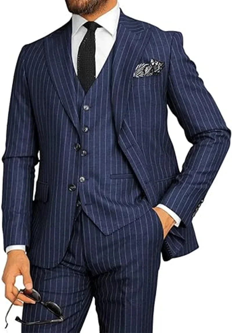 Formal Men's Suits Classic Pinstripe Tuxedos Suit 3 Pieces Blazer Vest and Pant Set Peak Lapel Groomsmen Wedding Dress  Business