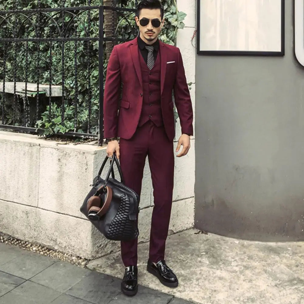 Men Three-piece Suit Stylish Men's Wedding Suit Set Slim Fit Solid Color Anti-wrinkle Formal Business Style with Turn-down