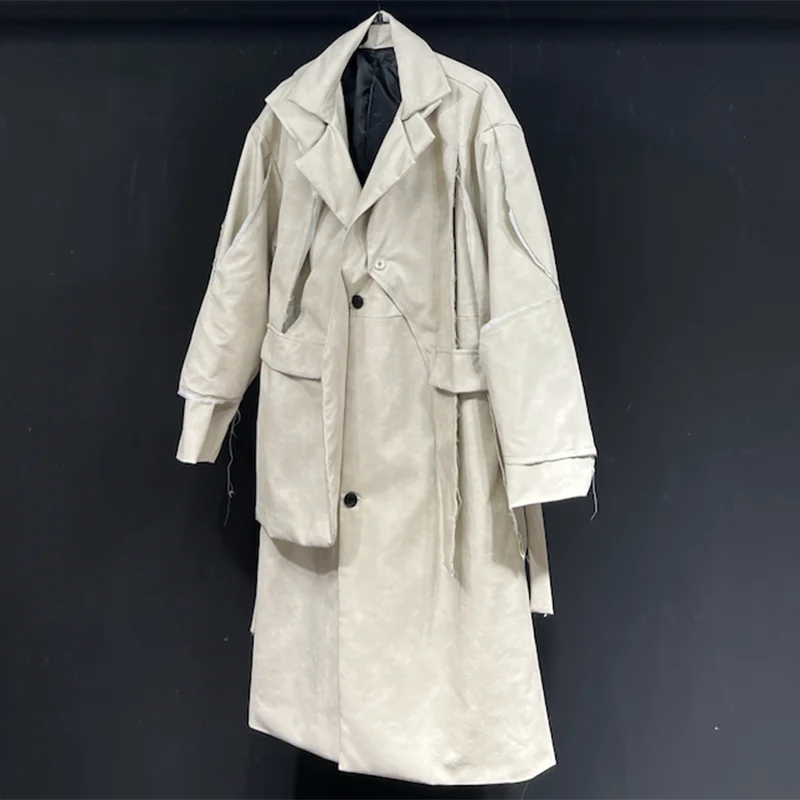 PFHQ Windbreaker Haute Quality Patchwork Male Autumn Long Over Knee Loose Trendy PU Leather Worn Out Men's Trench Coat 21Z4288