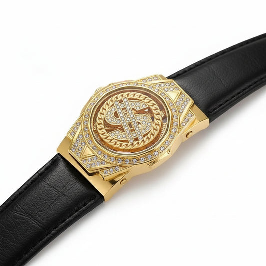 New Luxury Golden Watch  Brown PU Leather Men Belt for Men Personality Designer Automatic  Male Mens Belt