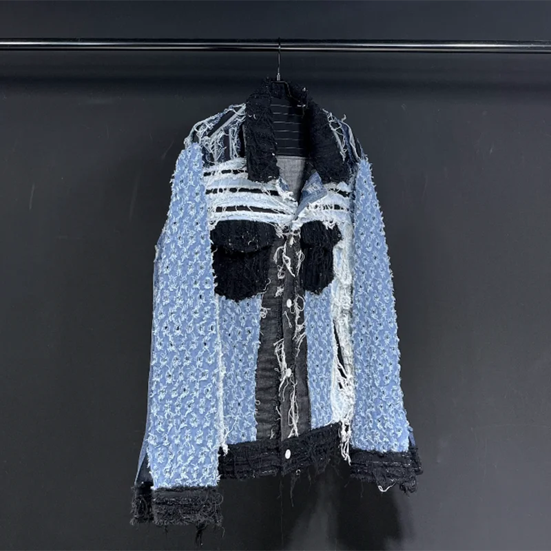 PFHQ 2023 New Jackets For Men Long Sleeve Patchwork Tassels Loose Single Breasted Denim Coat Men's Summer Fashion Tide 21F4042