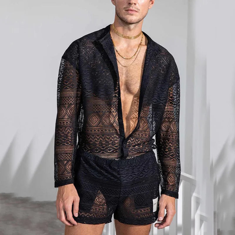 PFHQ 2023 Summer New Hollow Out Sexy Lace Shorts Shirt Sets Men's Fashion Suit Clothes Free Shipping Trendy Elegant Beach Cheap