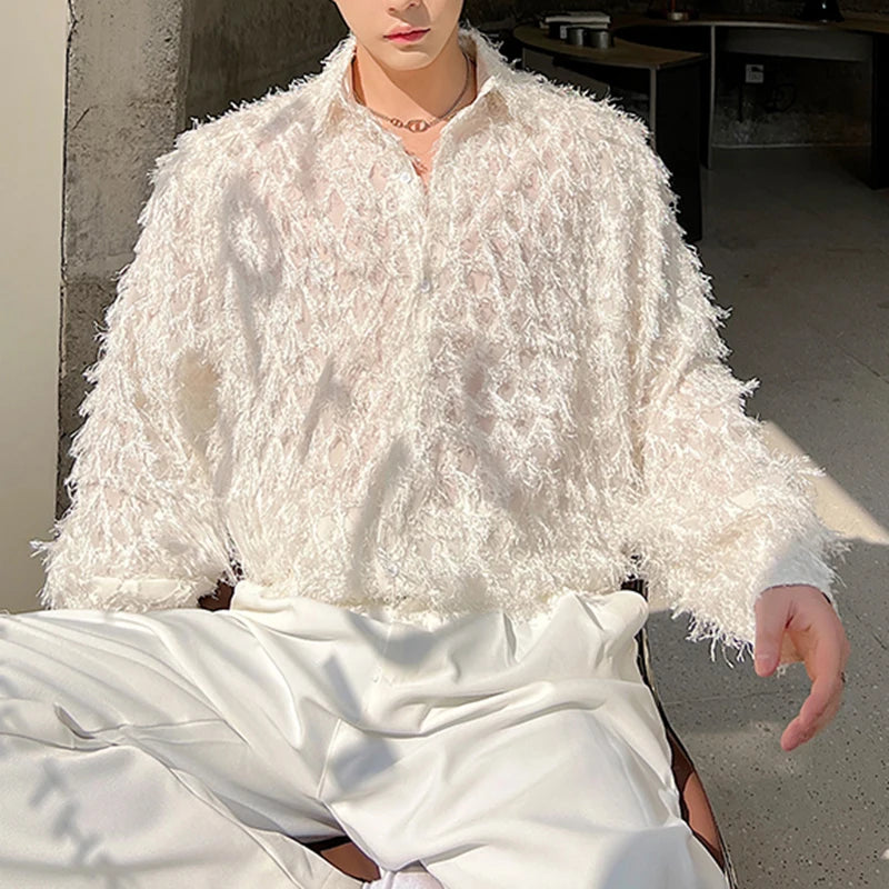 PFHQ Men's Korean Style Long Sleeved Shirts Handmade Three-dimensional Feather Creativity Solid Color Mesh Tops Summer 21Z4224