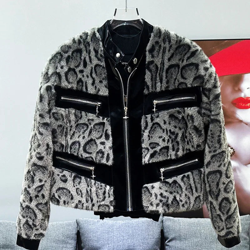 PFHQ Autumn Winter Leopard Print Men's Fur Coat New Style Patchwork Design Men's Thick Plush Short Jacket Trendy 21Z7244
